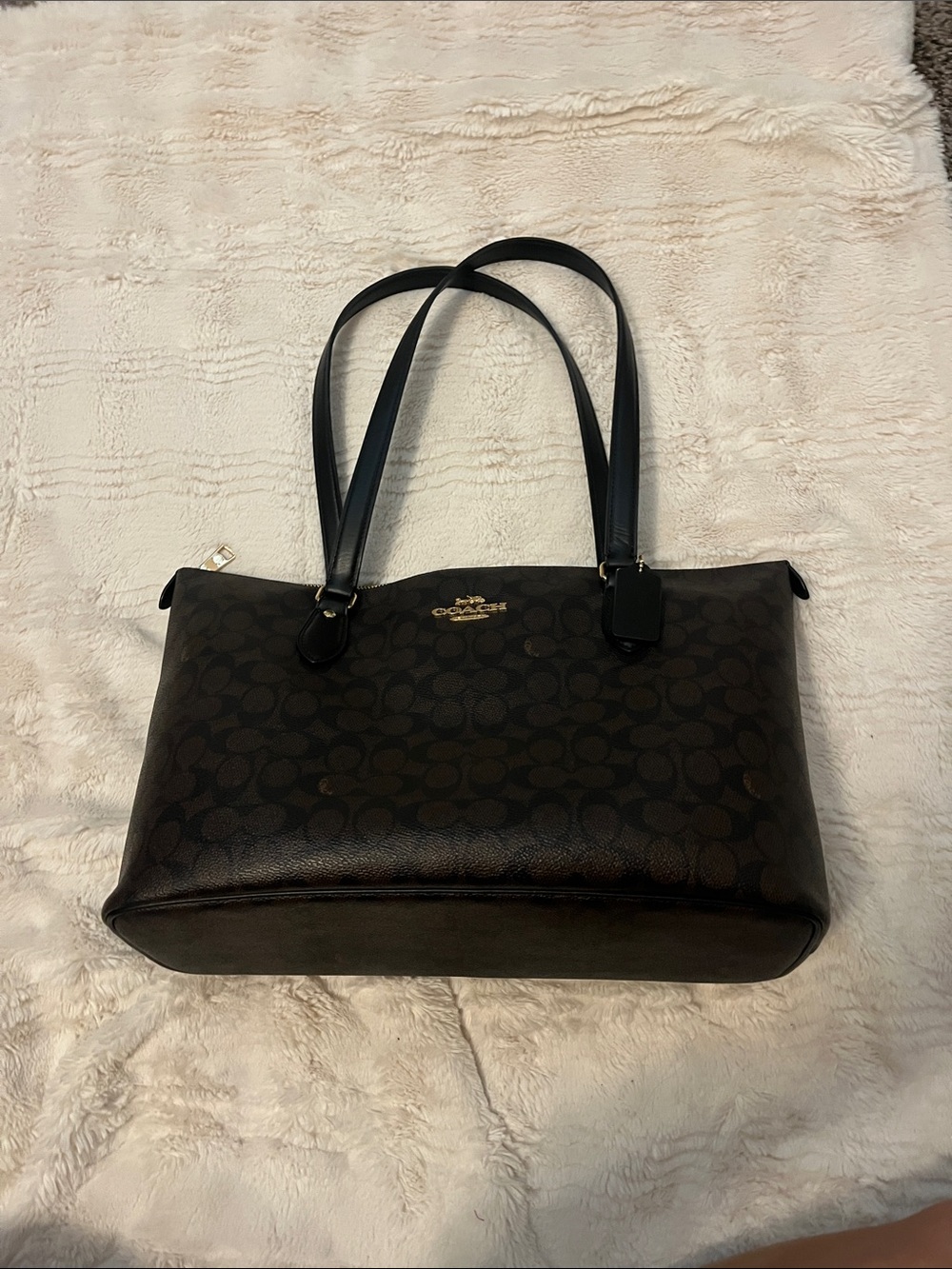Coach Brown and Black Signature Tote with Gold Hardware